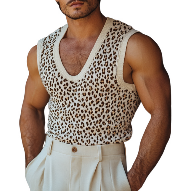 Men's Leopard Jacquard Knitted Tank Top | Slim Fit U-Neck | Casual Style | Lightweight Breathable Fabric | Versatile Summer Wear | Fashion Statement | Multiple Sizes Available