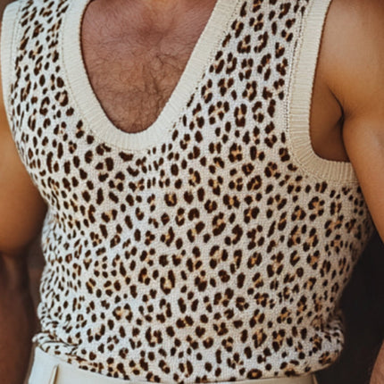 Men's Leopard Jacquard Knitted Tank Top | Slim Fit U-Neck | Casual Style | Lightweight Breathable Fabric | Versatile Summer Wear | Fashion Statement | Multiple Sizes Available
