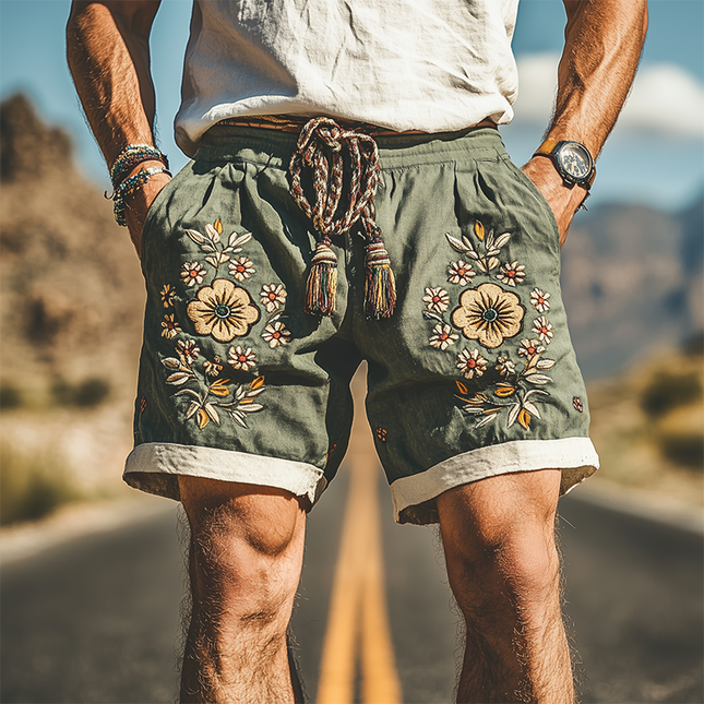 Men's Summer Shorts | Casual Western Style | Ramie Fabric | Splicing & Embroidery Design | Comfortable Fit | Versatile Style | Breathable Clothing