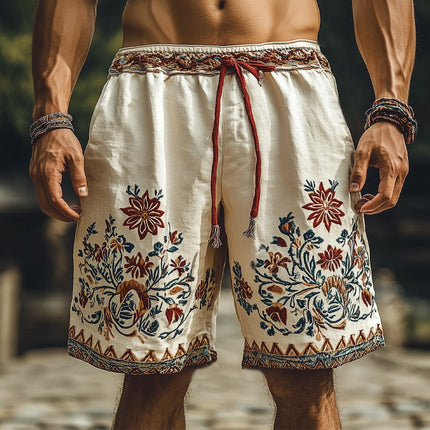 Men's Summer Shorts | Retro Embroidery | Loose Fit | Cotton Linen Blend | Elastic Waist | Adjustable Drawstring | Multiple Sizes S-3XL | Side Pockets | Casual Beachwear