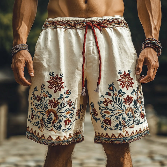 Men's Summer Shorts | Retro Embroidery | Loose Fit | Cotton Linen Blend | Elastic Waist | Adjustable Drawstring | Multiple Sizes S-3XL | Side Pockets | Casual Beachwear