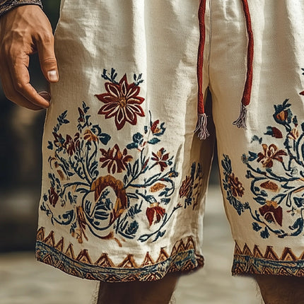 Men's Summer Shorts | Retro Embroidery | Loose Fit | Cotton Linen Blend | Elastic Waist | Adjustable Drawstring | Multiple Sizes S-3XL | Side Pockets | Casual Beachwear