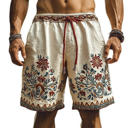 Men's Summer Shorts | Retro Embroidery | Loose Fit | Cotton Linen Blend | Elastic Waist | Adjustable Drawstring | Multiple Sizes S-3XL | Side Pockets | Casual Beachwear