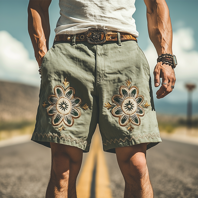 Men's Casual Western Style Shorts | Summer Ramie Embroidery | Lightweight Breathable Fabric | Comfortable Fit with Practical Pockets | Perfect for Warm Weather | Versatile Style for Modern Men