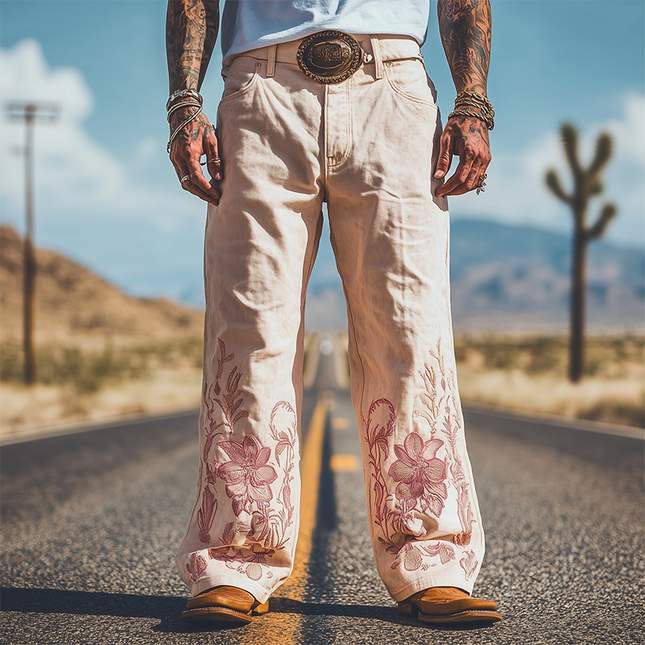 Men's Retro Western Style Twill Cotton Pants | Spring & Summer Casual Embroidered Pants | Comfortable Breathable Relaxed Fit | Premium Quality | Unique Design | Versatile Style | Practical Pockets