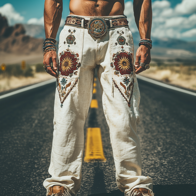Men's Cotton Linen Pants | Retro Western Style | Spring Summer Fashion | Embroidered Details | Breathable Relaxed Fit | Comfortable Casual Wear | No Belt Included | Versatile Stylish Bottoms