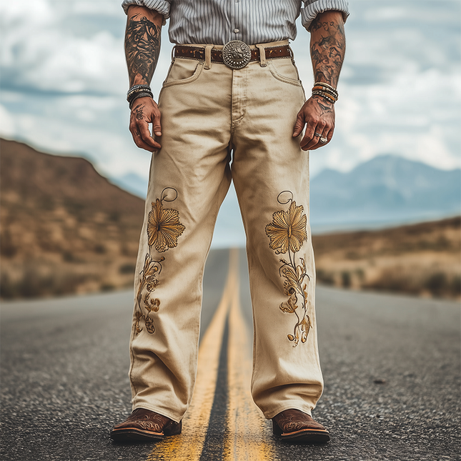 Men's Retro Western Style Twill Cotton Embroidered Casual Pants | Spring Summer Fashion | Breathable Comfort | Relaxed Fit | Versatile Styling | Functional Pockets | Distinctive Embroidery (Without Belt)