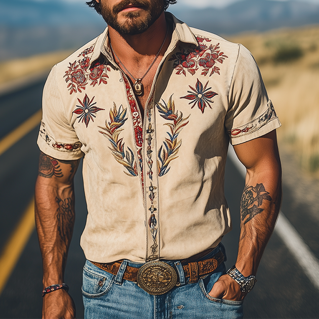 Men's Suede Short Sleeve Shirt | Retro Western Style | Embroidered | Spring & Summer Fashion | Premium Soft Suede | Contemporary Design | Hand-Stitched Details | Breathable & Comfortable | Versatile Wardrobe Essential