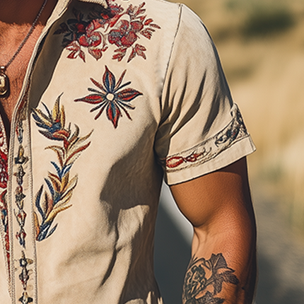 Men's Suede Short Sleeve Shirt | Retro Western Style | Embroidered | Spring & Summer Fashion | Premium Soft Suede | Contemporary Design | Hand-Stitched Details | Breathable & Comfortable | Versatile Wardrobe Essential