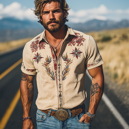 Men's Suede Short Sleeve Shirt | Retro Western Style | Embroidered | Spring & Summer Fashion | Premium Soft Suede | Contemporary Design | Hand-Stitched Details | Breathable & Comfortable | Versatile Wardrobe Essential