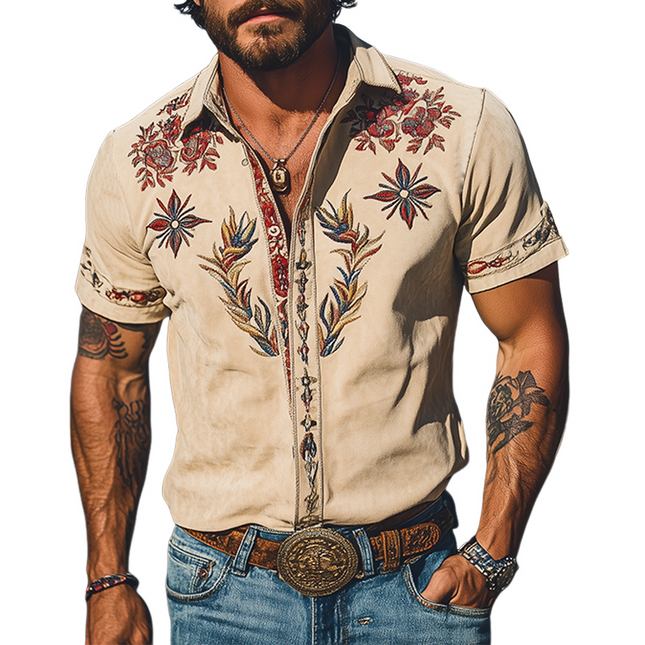 Men's Suede Short Sleeve Shirt | Retro Western Style | Embroidered | Spring & Summer Fashion | Premium Soft Suede | Contemporary Design | Hand-Stitched Details | Breathable & Comfortable | Versatile Wardrobe Essential