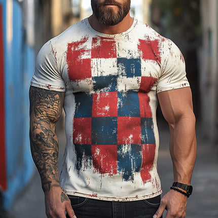 Men's Checkerboard Print T-Shirt | Retro Casual Style | Short Sleeve Round Neck | Distressed Vintage Look | Comfortable Polyester | Sizes S-3XL | Perfect for Casual Outings | Trendy Worn-In Design