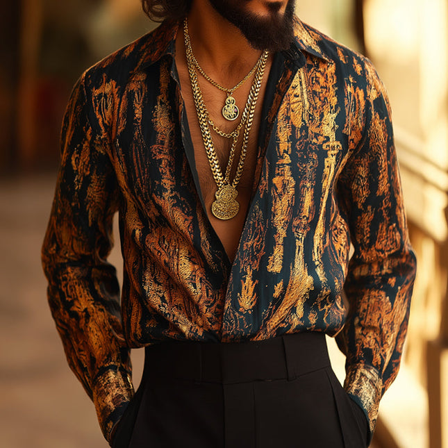 Men's Vintage Style Geometric Print Long Sleeve Lapel Shirt | Retro Palace Aesthetic | Smart Casual Top | Button Cuffs | Breathable Fabric | Versatile Fashion | Sizes S-3XL