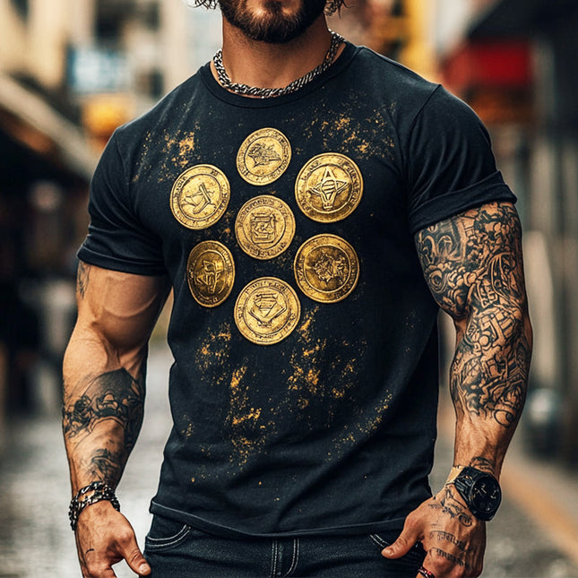 Men's Vintage Inspired T-Shirt | Ancient Coin Print | Round Neck | Short Sleeve | Soft Cotton Blend | Comfortable Fit | Casual Wear | Retro Aesthetic | Multiple Sizes
