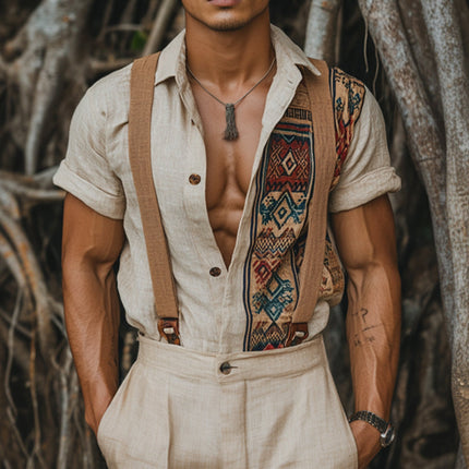 Men's Ethnic Geometric Print Shirt | Retro Casual Linen Lapel | Short Sleeve Dress Shirt | Breathable Lightweight Top | Stylish Vintage Charm | Summer Essential | S-3XL