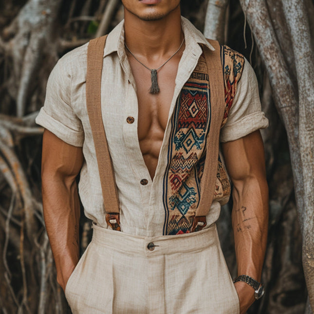 Men's Ethnic Geometric Print Shirt | Retro Casual Linen Lapel | Short Sleeve Dress Shirt | Breathable Lightweight Top | Stylish Vintage Charm | Summer Essential | S-3XL