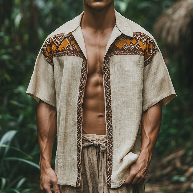 Men's Short Sleeve Shirt | Retro Ethnic Geometric Print | Linen Lapel | Casual Summer Top | Breathable Fabric