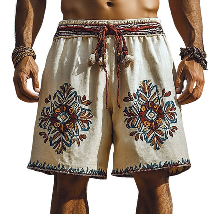 Men's Retro Summer Shorts | Cotton Linen Blend | Embroidered Design | Relaxed Fit | Adjustable Drawstring | Breathable Fabric | Casual Vintage Style | Multiple Sizes Available