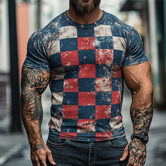 Men's Retro Casual T-Shirt | Damaged Checkerboard Print | Round Neck | Short Sleeve | Vintage Style | Soft Polyester | Breathable Fabric | Comfortable Fit | Ideal for Casual Outings | Multiple Sizes