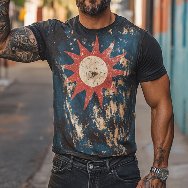Men's Retro Sun Graphic T-Shirt | Short Sleeve | Round Neck | Breathable Polyester | Casual Wear | Sizes S-3XL | Nostalgic Style | Summer Essential | Versatile Design | Comfortable Fit