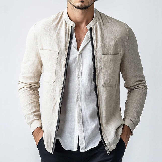 Men's Linen Summer Jacket | Vintage Zipper Stand Collar | Short Sleeve | Lightweight Breathable Outerwear | Casual Semi-Formal | S to 3XL | Timeless Style | Ideal for Warm Weather