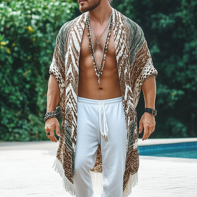 Men's Summer Shirt | Printed Casual | Tassel Accents | Knee-Length Design | Vibrant Prints | Relaxed Open Neckline | Short Sleeves | Lightweight Breathable Fabric | Sizes S-3XL