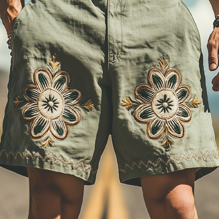 Men's Casual Western Style Shorts | Summer Ramie Embroidery | Lightweight Breathable Fabric | Comfortable Fit with Practical Pockets | Perfect for Warm Weather | Versatile Style for Modern Men