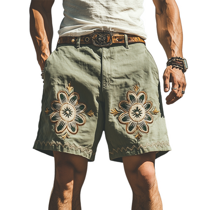 Men's Casual Western Style Shorts | Summer Ramie Embroidery | Lightweight Breathable Fabric | Comfortable Fit with Practical Pockets | Perfect for Warm Weather | Versatile Style for Modern Men