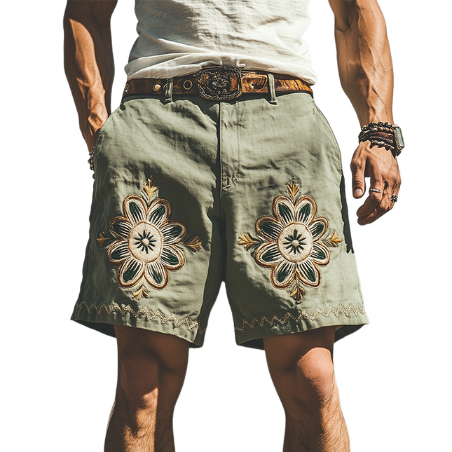 Men's Casual Western Style Shorts | Summer Ramie Embroidery | Lightweight Breathable Fabric | Comfortable Fit with Practical Pockets | Perfect for Warm Weather | Versatile Style for Modern Men