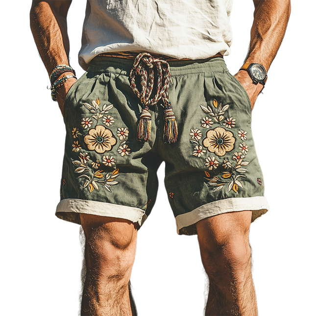 Men's Summer Shorts | Casual Western Style | Ramie Fabric | Splicing & Embroidery Design | Comfortable Fit | Versatile Style | Breathable Clothing