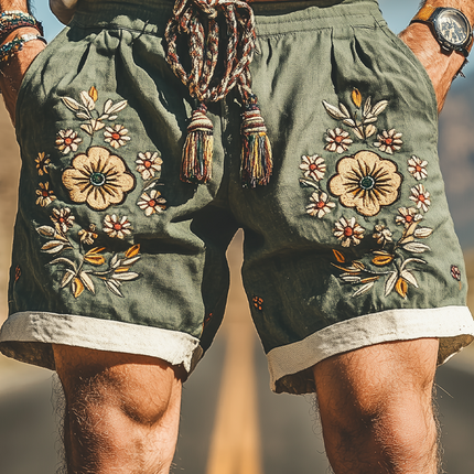 Men's Summer Shorts | Casual Western Style | Ramie Fabric | Splicing & Embroidery Design | Comfortable Fit | Versatile Style | Breathable Clothing