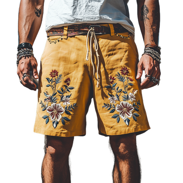 Men's Retro Western Style Shorts | Summer Casual Fashion | Ramie Embroidery | Breathable | Comfortable Fit | Versatile Pairing | Functional Design | No Belt