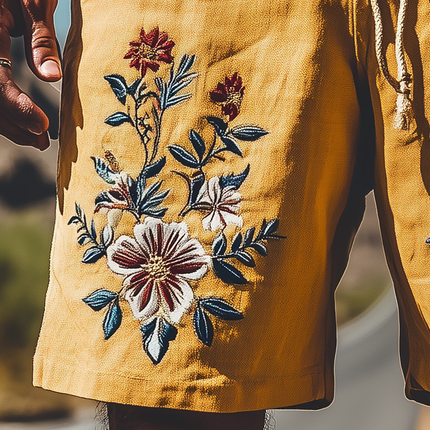 Men's Retro Western Style Shorts | Summer Casual Fashion | Ramie Embroidery | Breathable | Comfortable Fit | Versatile Pairing | Functional Design | No Belt