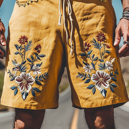 Men's Retro Western Style Shorts | Summer Casual Fashion | Ramie Embroidery | Breathable | Comfortable Fit | Versatile Pairing | Functional Design | No Belt