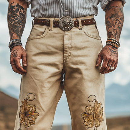 Men's Retro Western Style Twill Cotton Embroidered Casual Pants | Spring Summer Fashion | Breathable Comfort | Relaxed Fit | Versatile Styling | Functional Pockets | Distinctive Embroidery (Without Belt)