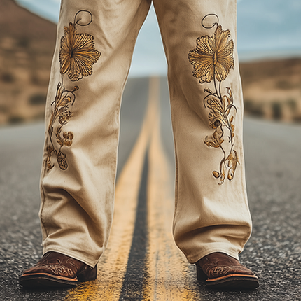 Men's Retro Western Style Twill Cotton Embroidered Casual Pants | Spring Summer Fashion | Breathable Comfort | Relaxed Fit | Versatile Styling | Functional Pockets | Distinctive Embroidery (Without Belt)
