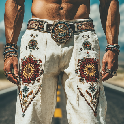 Men's Cotton Linen Pants | Retro Western Style | Spring Summer Fashion | Embroidered Details | Breathable Relaxed Fit | Comfortable Casual Wear | No Belt Included | Versatile Stylish Bottoms