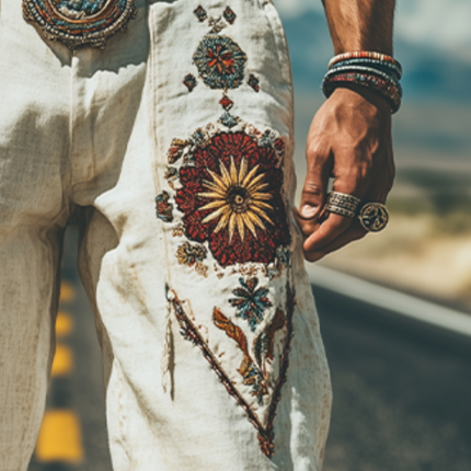 Men's Cotton Linen Pants | Retro Western Style | Spring Summer Fashion | Embroidered Details | Breathable Relaxed Fit | Comfortable Casual Wear | No Belt Included | Versatile Stylish Bottoms