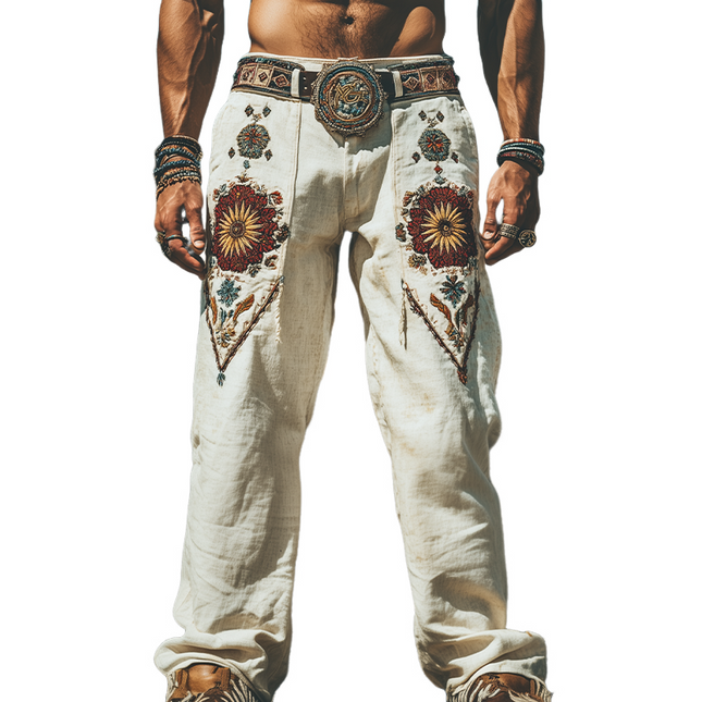Men's Cotton Linen Pants | Retro Western Style | Spring Summer Fashion | Embroidered Details | Breathable Relaxed Fit | Comfortable Casual Wear | No Belt Included | Versatile Stylish Bottoms
