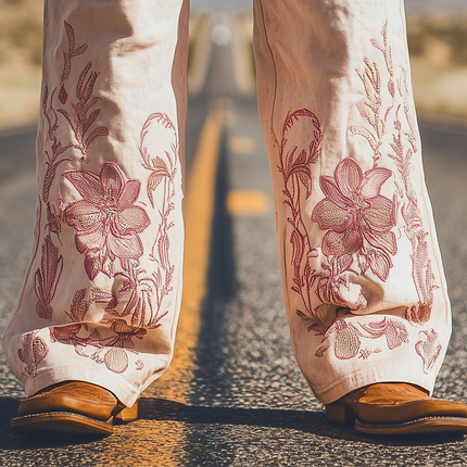 Men's Retro Western Style Twill Cotton Pants | Spring & Summer Casual Embroidered Pants | Comfortable Breathable Relaxed Fit | Premium Quality | Unique Design | Versatile Style | Practical Pockets
