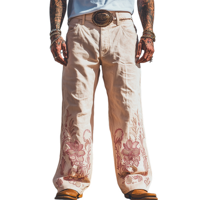 Men's Retro Western Style Twill Cotton Pants | Spring & Summer Casual Embroidered Pants | Comfortable Breathable Relaxed Fit | Premium Quality | Unique Design | Versatile Style | Practical Pockets