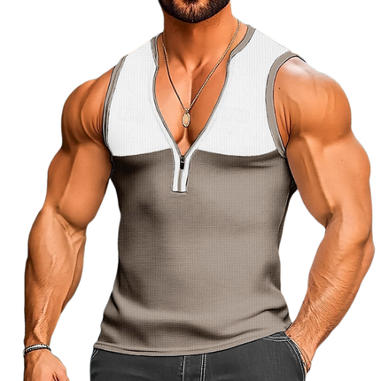 Men's Slim Fit Tank Top | Cotton Waffle Fabric | Colorblock Patchwork | Zipper V-Neck | Casual Sleeveless Shirt | Breathable & Stylish Summer Top | Versatile Athletic Wear | Comfortable & Durable