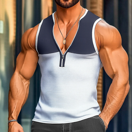 Men's Slim Fit Tank Top | Cotton Waffle Fabric | Colorblock Patchwork | Zipper V-Neck | Casual Sleeveless Shirt | Breathable & Stylish Summer Top | Versatile Athletic Wear | Comfortable & Durable