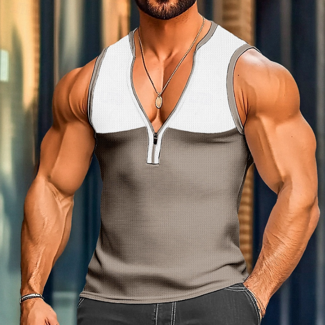 Men's Slim Fit Tank Top | Cotton Waffle Fabric | Colorblock Patchwork | Zipper V-Neck | Casual Sleeveless Shirt | Breathable & Stylish Summer Top | Versatile Athletic Wear | Comfortable & Durable