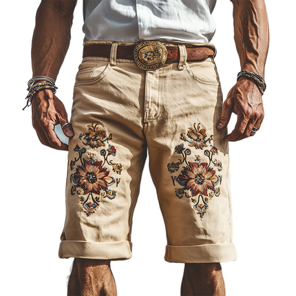 Men's Vintage Twill Cotton Embroidered Knee-Length Shorts | Spring Summer Fashion | High-Quality Fabric | Relaxed Fit | Breathable & Durable | Functional Pockets | Comfortable Casual Style