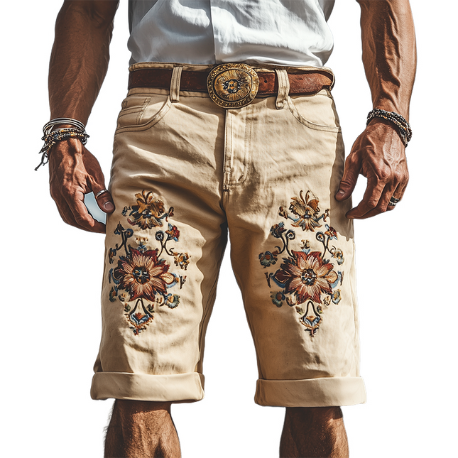 Men's Vintage Twill Cotton Embroidered Knee-Length Shorts | Spring Summer Fashion | High-Quality Fabric | Relaxed Fit | Breathable & Durable | Functional Pockets | Comfortable Casual Style