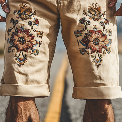 Men's Vintage Twill Cotton Embroidered Knee-Length Shorts | Spring Summer Fashion | High-Quality Fabric | Relaxed Fit | Breathable & Durable | Functional Pockets | Comfortable Casual Style