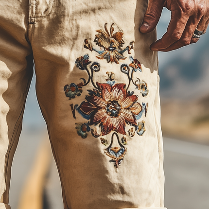 Men's Vintage Twill Cotton Embroidered Knee-Length Shorts | Spring Summer Fashion | High-Quality Fabric | Relaxed Fit | Breathable & Durable | Functional Pockets | Comfortable Casual Style