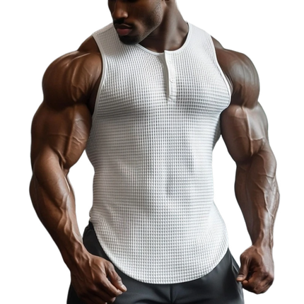 Men's Premium Cotton Henley Waffle Tank Top | Slim Fit | Casual Summer Sleeveless Shirt | Comfortable Breathable Fabric | Versatile Layering Apparel | Buttoned Neckline | Sizes Available