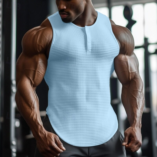 Men's Premium Cotton Henley Waffle Tank Top | Slim Fit | Casual Summer Sleeveless Shirt | Comfortable Breathable Fabric | Versatile Layering Apparel | Buttoned Neckline | Sizes Available